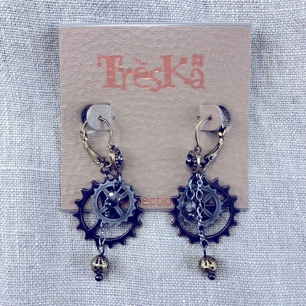 TRESKA steampunk mixed metal gears earring New